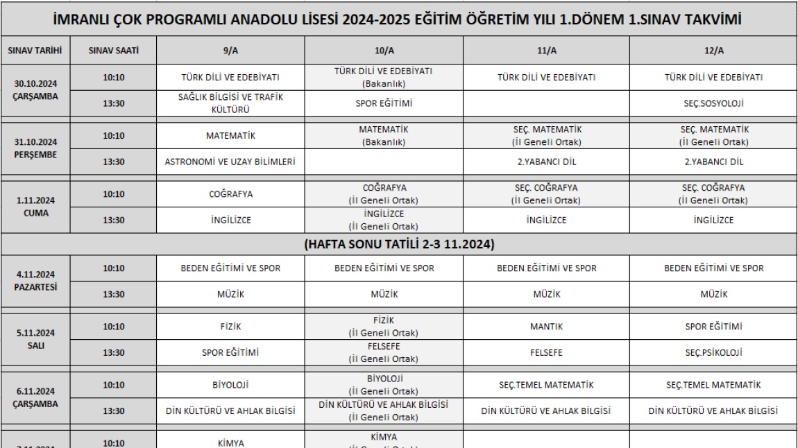 2024-2025 EĞİTİM ÖĞRETİM YILI 1.DÖNEM 1.SINAV TAKVİMİ  (REVİZE)